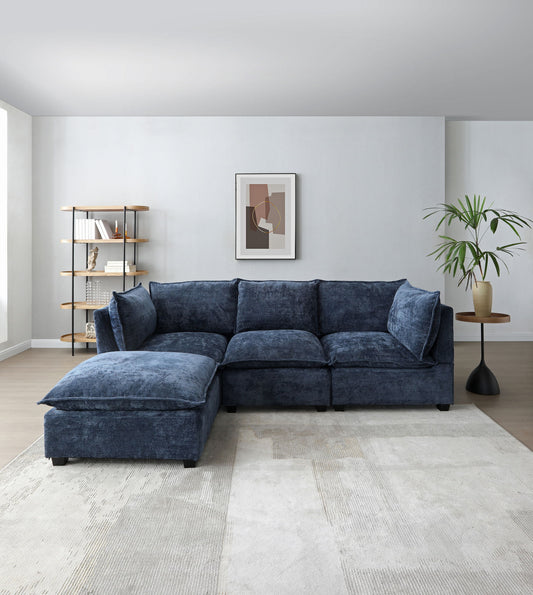 Modern Sectional L-Shape Sofa With Convertible Ottoman For Living Room - Blue