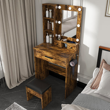 Vanity Table With Mirror, Adjustable LED Lights, Power Outlet, Hairdryer Holder & Stool