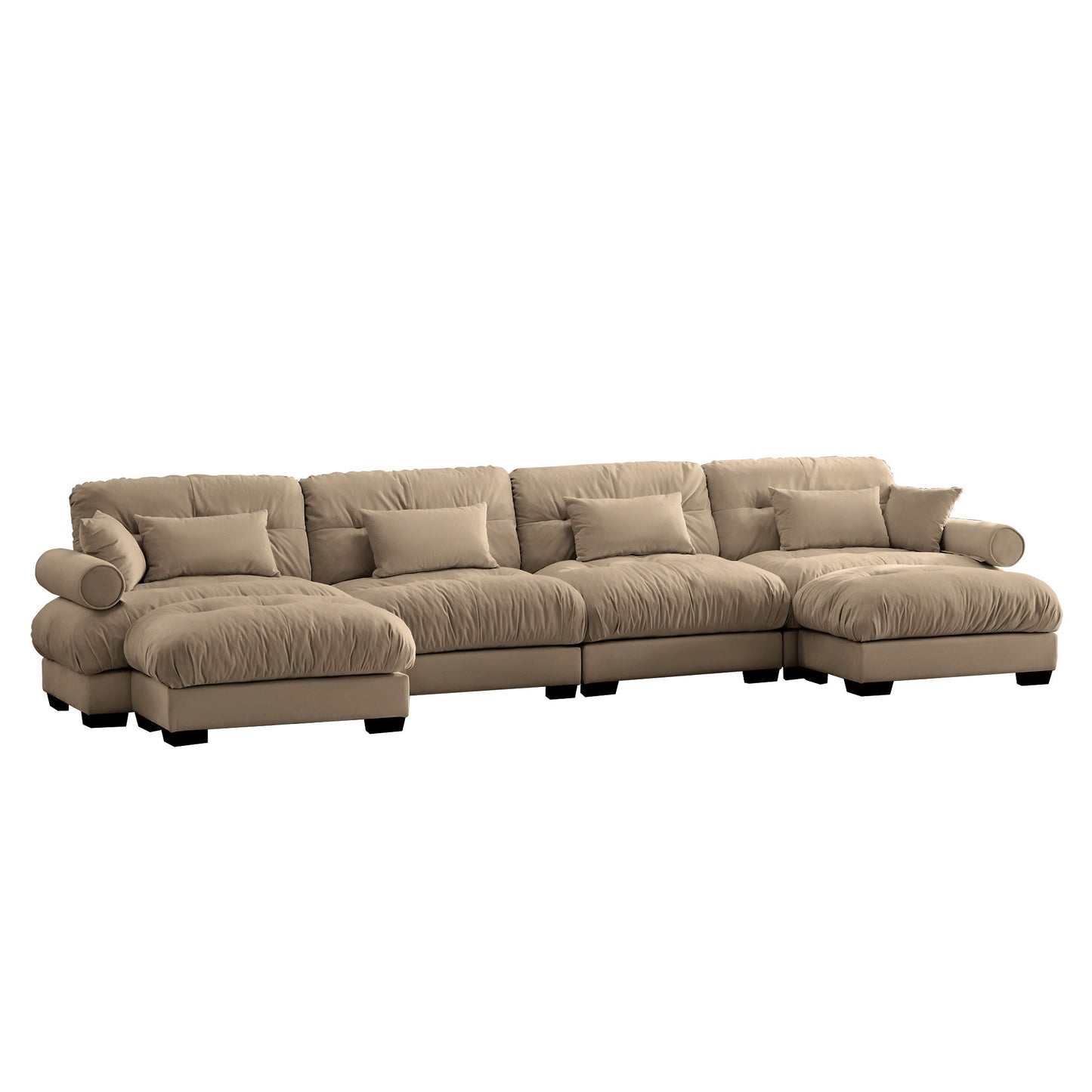 Modern Sectional Sofa With Ottoman, Round Bolster Armrests, Waist And Throw Pillows
