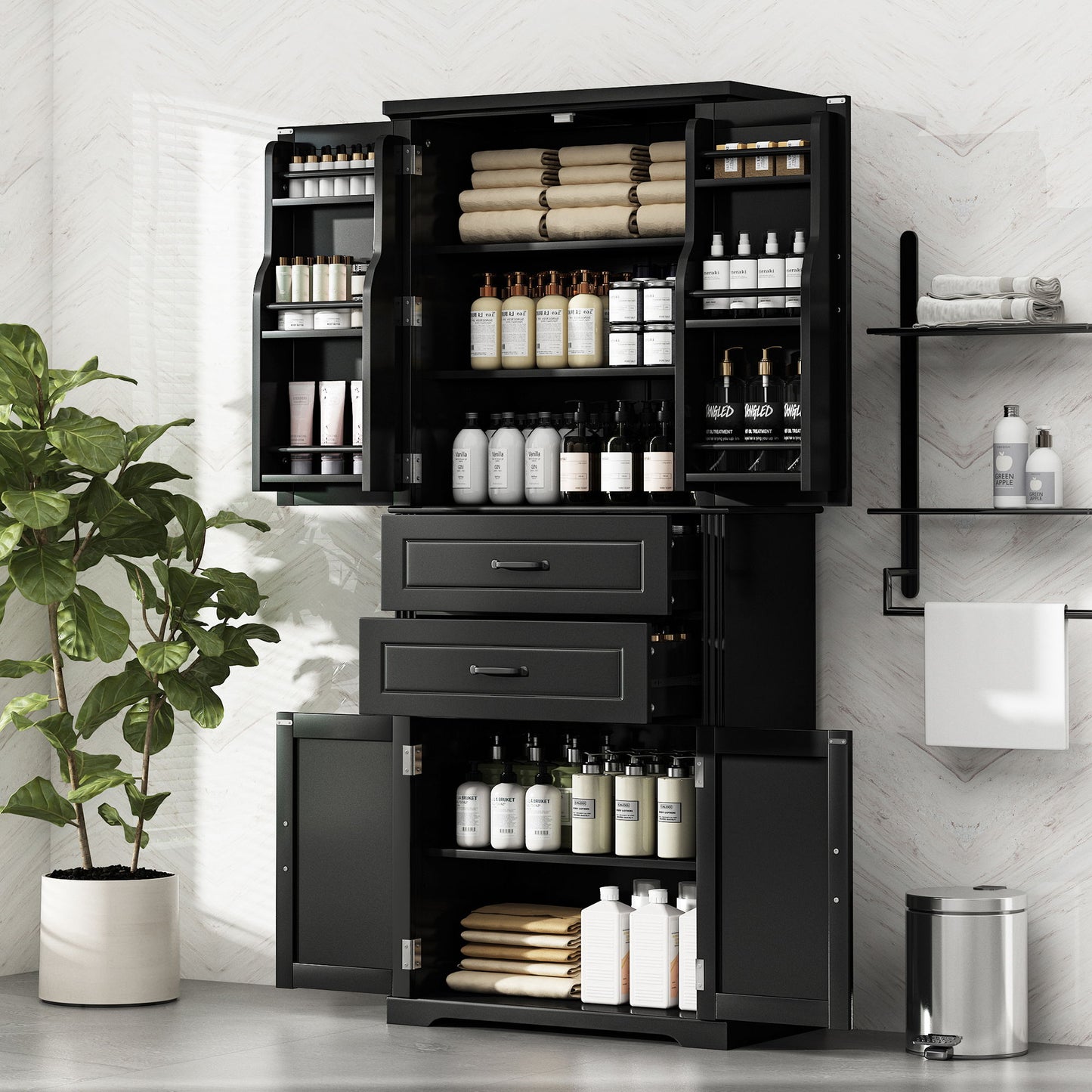 Multi Functional Storage Cabinet With Adjustable Shelves, 2 Drawers, Door Shelves