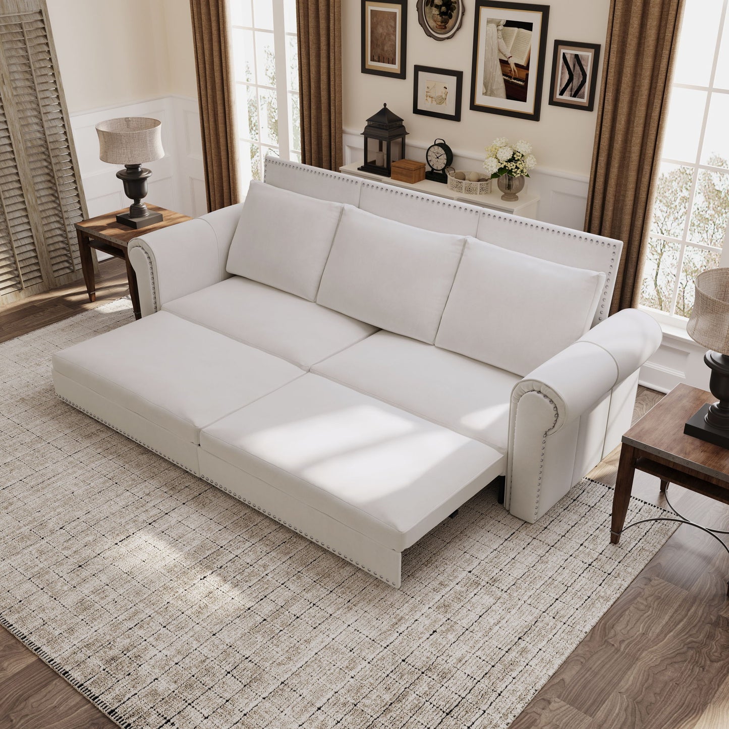 Pull Out Sofa Bed 3 In 1 Velvet Convertible Sleeper Sofa With Nailhead Trim & Rolled Arm, Multi Functional