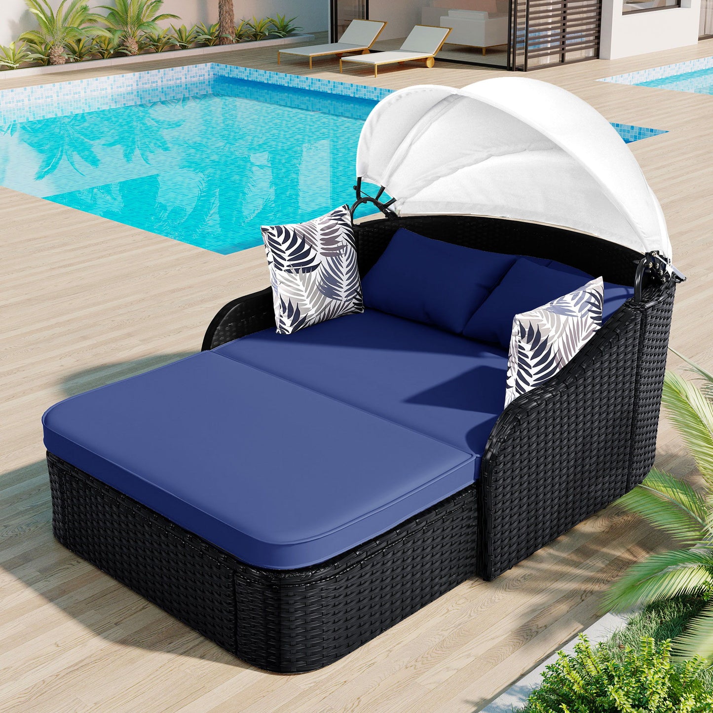 Outdoor Sunbed With Adjustable Canopy, Double Lounge, Daybed - Black / Blue
