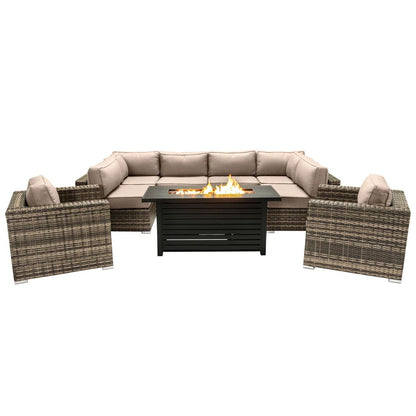 9 Piece Outdoor Sectional Set With Fire Pit Table And Cushions - Beige