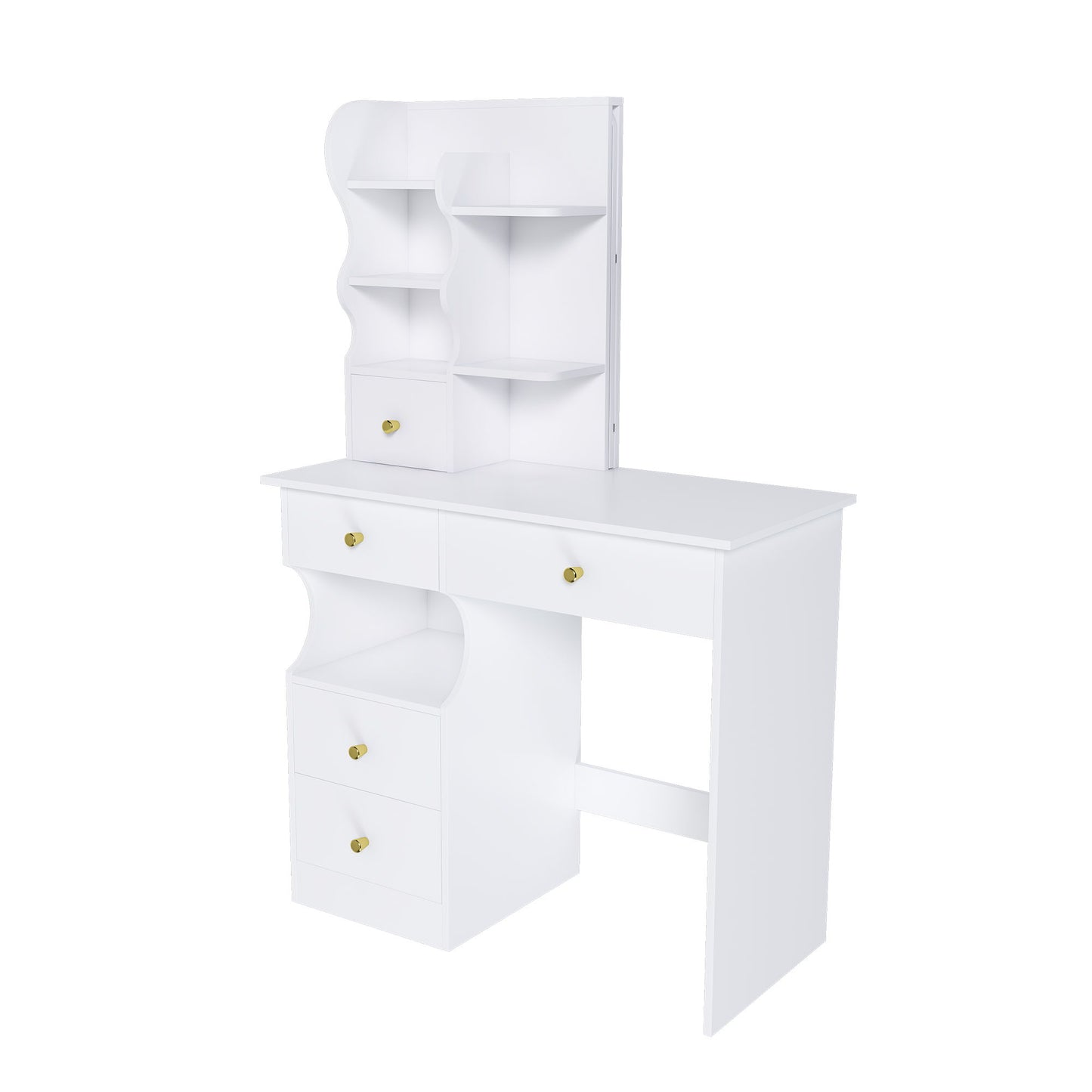 Dressing Table With Movable Mirror And LED Light, 5 Drawer Storage Organizer - White