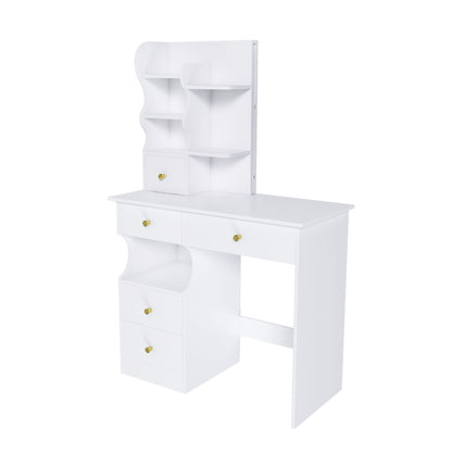 Dressing Table With Movable Mirror And LED Light, 5 Drawer Storage Organizer - White