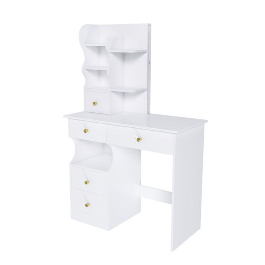 Dressing Table With Movable Mirror And LED Light, 5 Drawer Storage Organizer - White