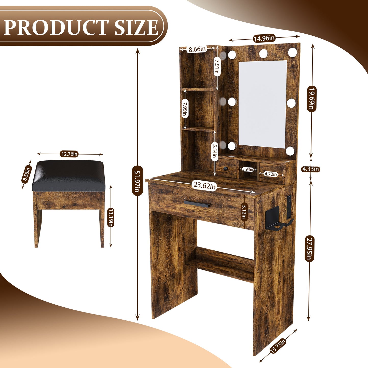 Vanity Table With Mirror, Adjustable LED Lights, Power Outlet, Hairdryer Holder & Stool