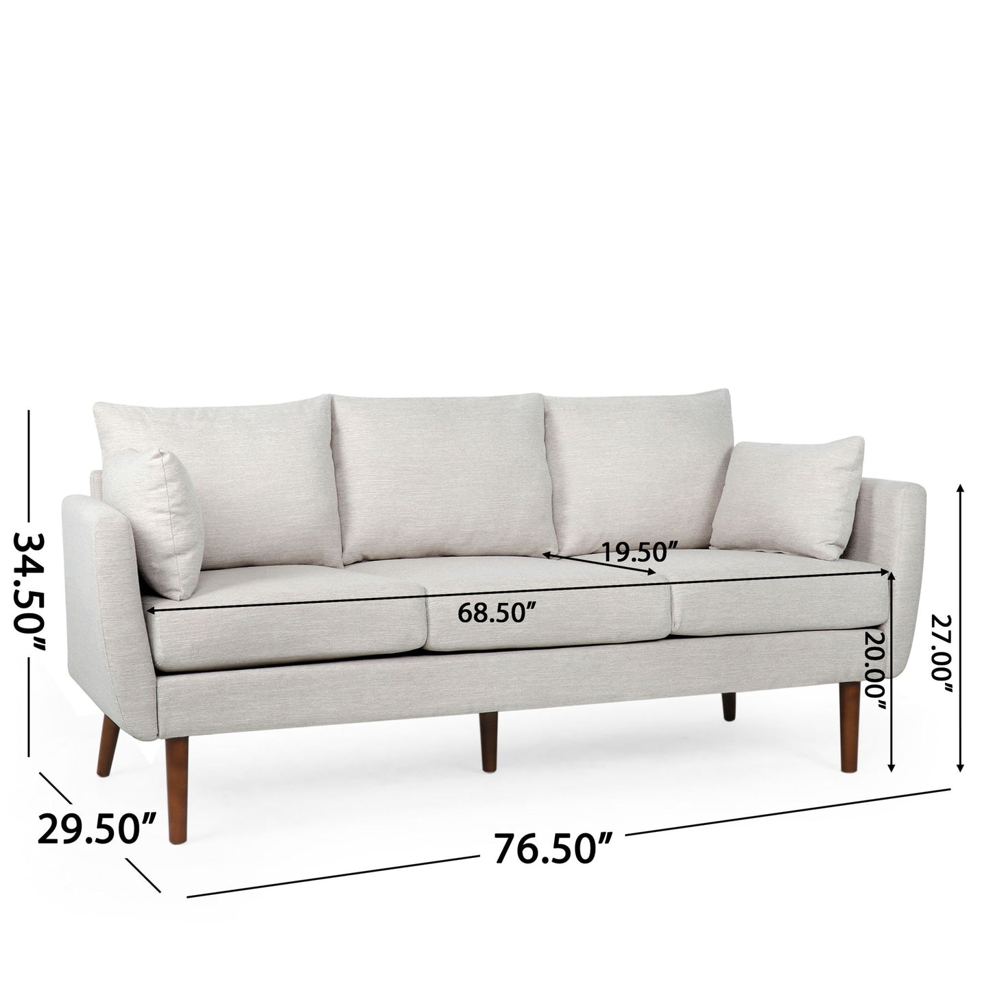 Diaphanous - Upholstered 3 Seater Sofa With 2 Accent Pillows And Wood Legs