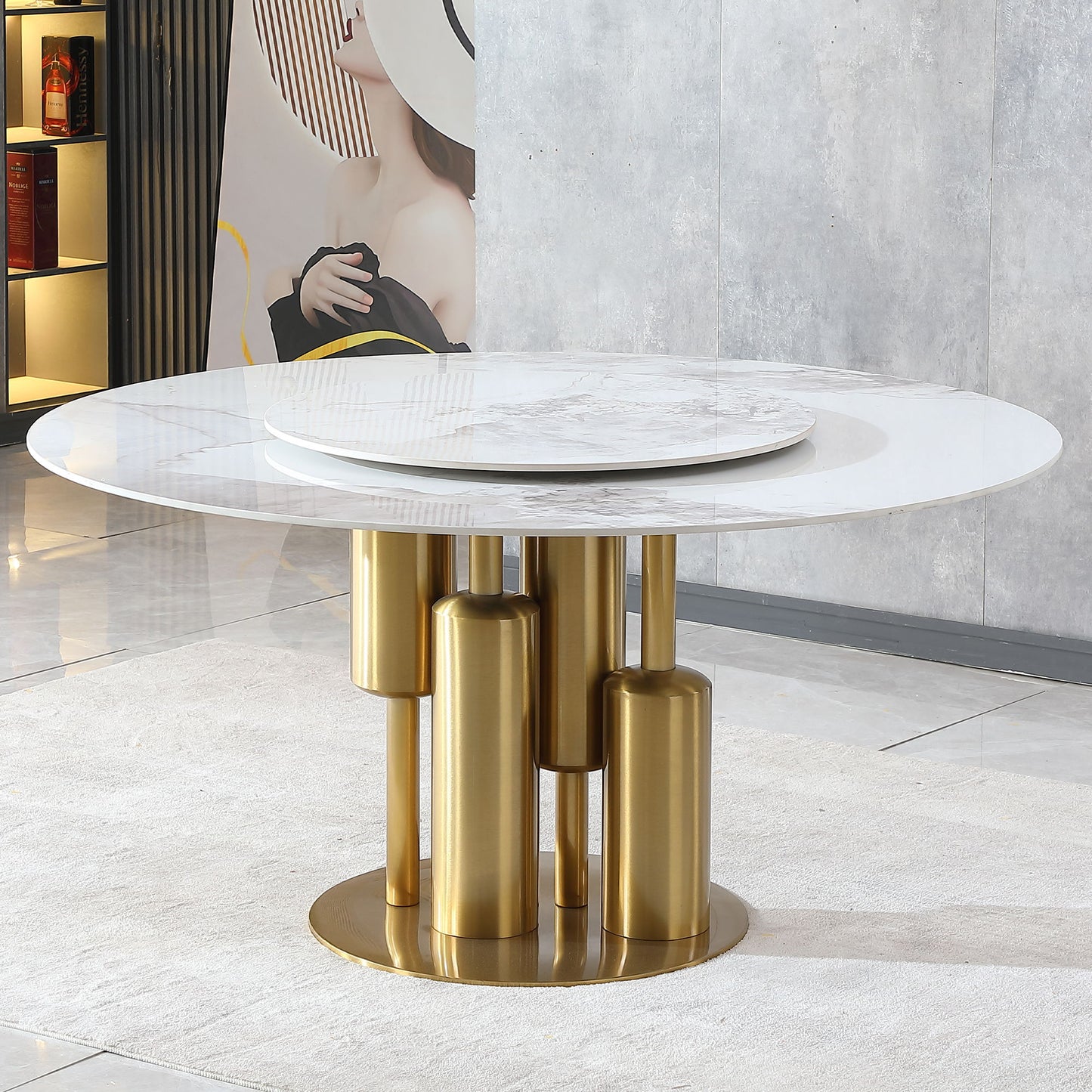 53" Round Marble Dining Table With Lazy Susan, Dining Room, Dinette (Table Only) - Gold / Gold / White