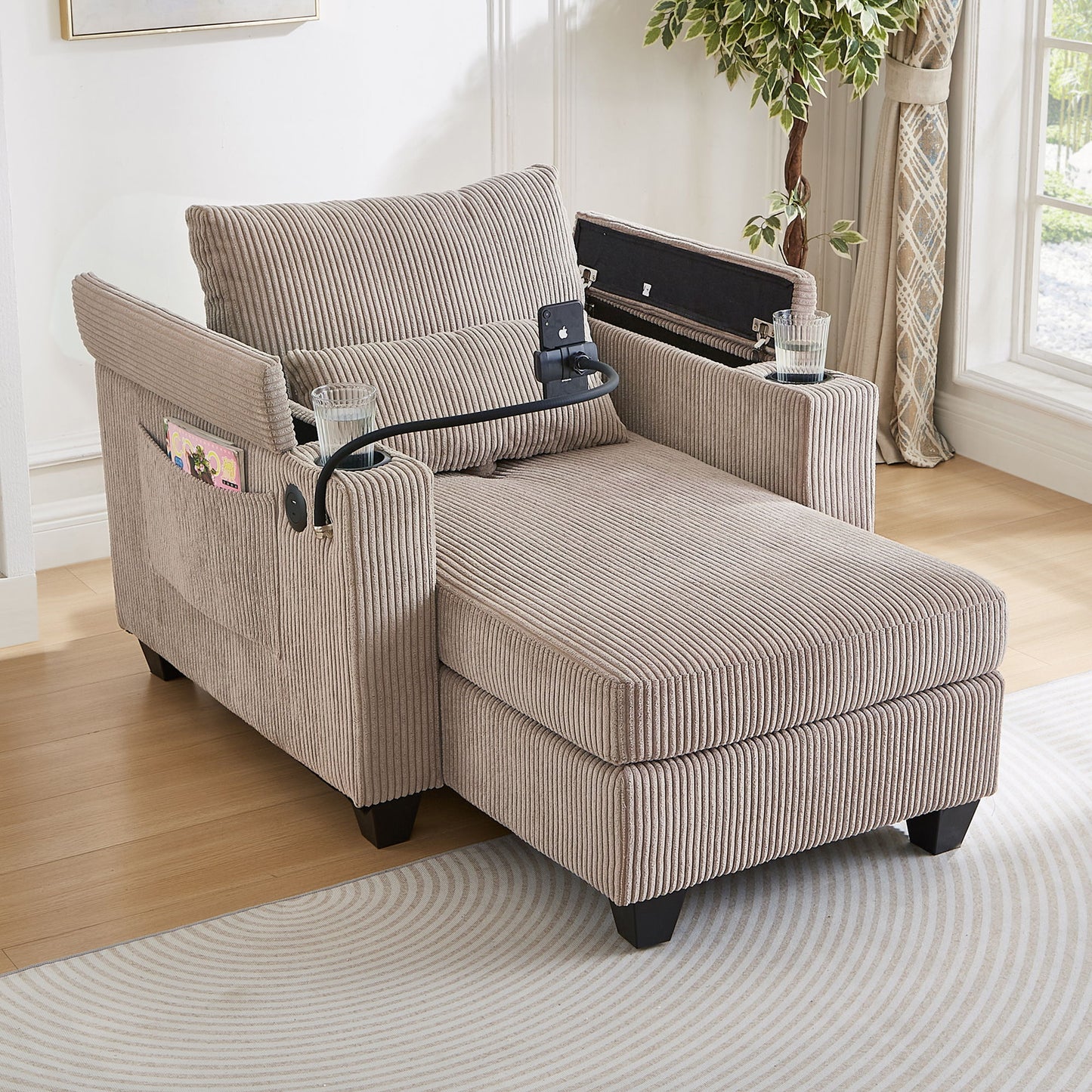Convertible Chaise Lounge Sofa Chair With USB Ports, Cup Holders, Phone Holder And Storage