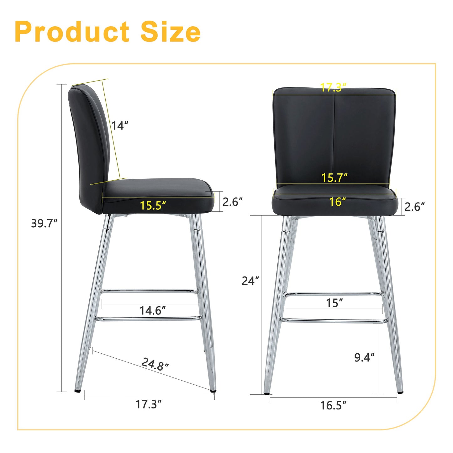 Modern Bar Chair Set Streamlined Backrest Metal Legs 2 Pieces - Black / Silver