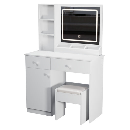 Fashion Vanity Desk With Mirror And Adjustable Lights, Makeup Table Set With 2 Drawers - White
