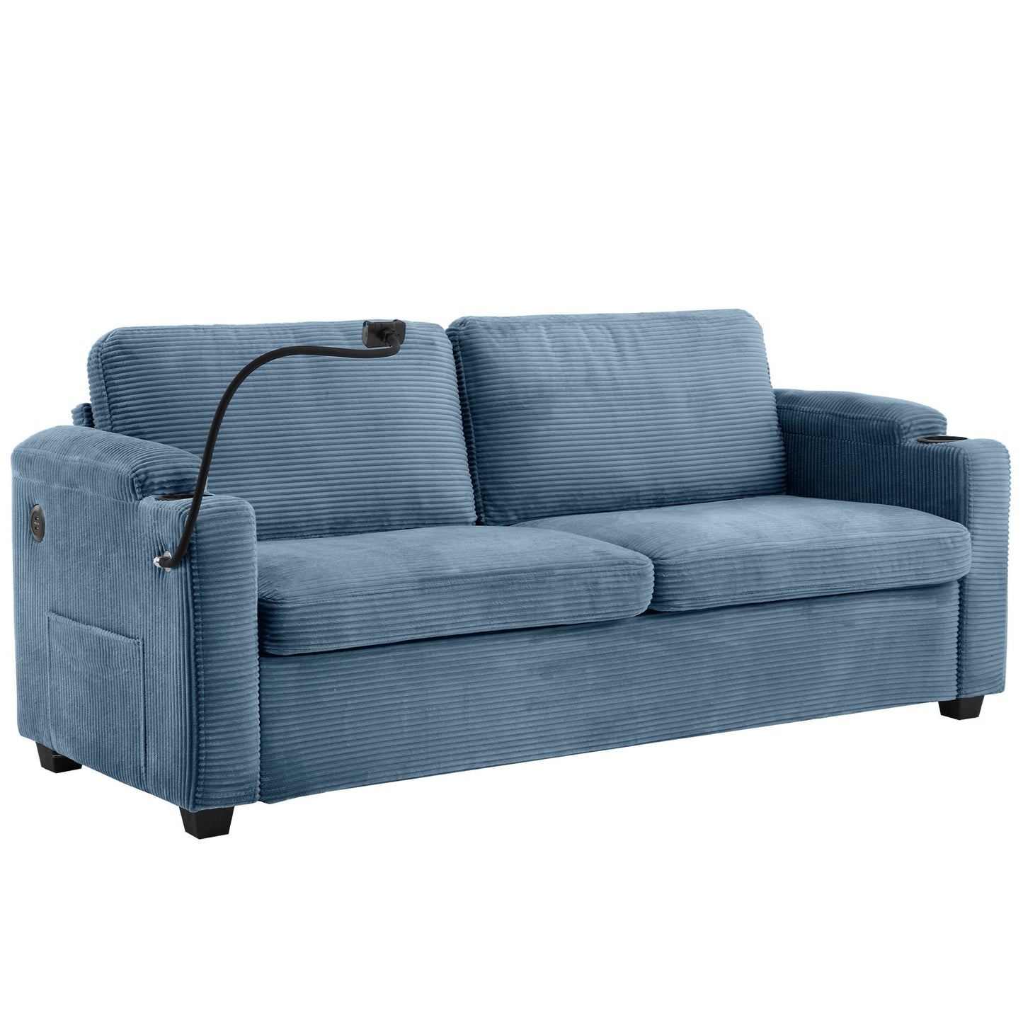 Corduroy Sleeper Sofa Loveseat Sofa With Full Size Mattress, 2 USB Ports, 2 Cup Holders, 2 Side Pockets And Phone Holder