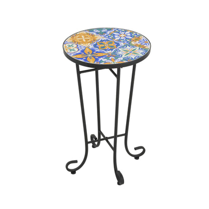 French Country Patio Side Table With Vibrant Tile Top