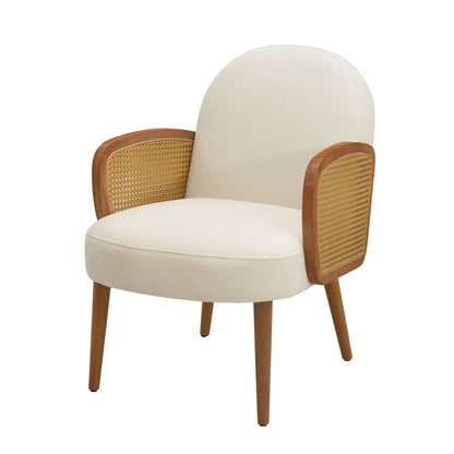 Accent Chair With Rattan Armrests And Wooden Legs Velvet For Living Room