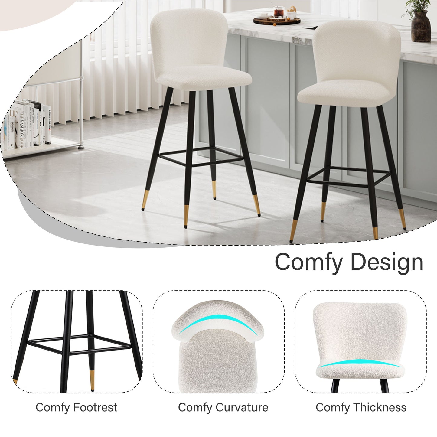 Modern Style Barstool, Tipped Ends, Suitable For Various Decoration Styles - White