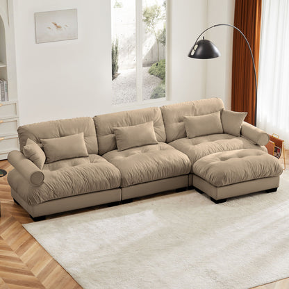 Modern Sectional Sofa With Ottoman, Round Bolster Armrests, Waist And Throw Pillows