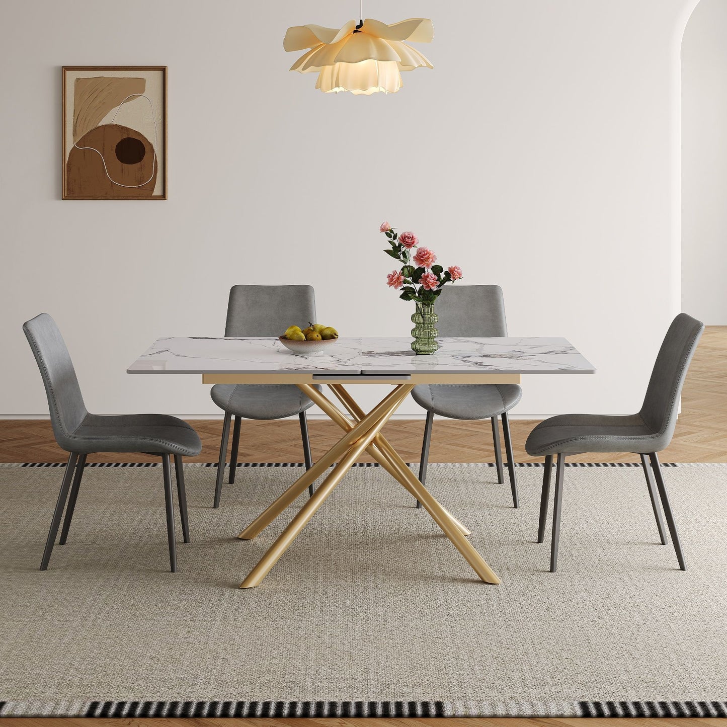 Modern Expandable Dining Table With Retractable Leaf With Chairs