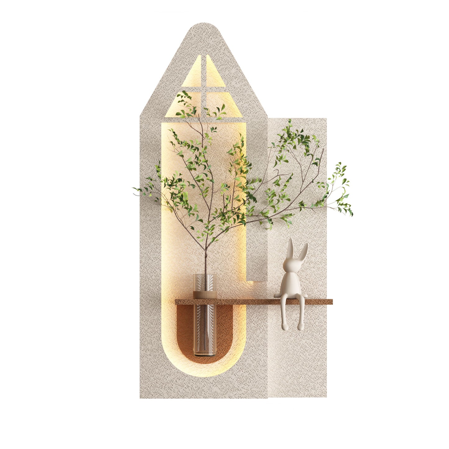 Adjustable 3 Color LED Sandstone Wall Decor With Simulated Plants, Glass Vase & Rabbit Statue - Light Coffee