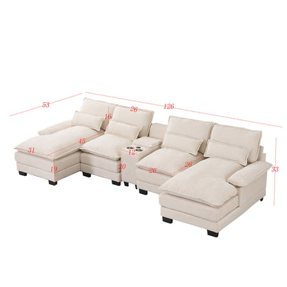 U Shaped Sofa With Console, Cupholders, USB Ports, 6 Seat, Bronzing Suede & Chenille