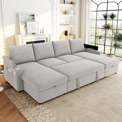 U Shaped Sectional Sofa Bed With Storage Chaise Lounges, USB Ports, And Cup Holders