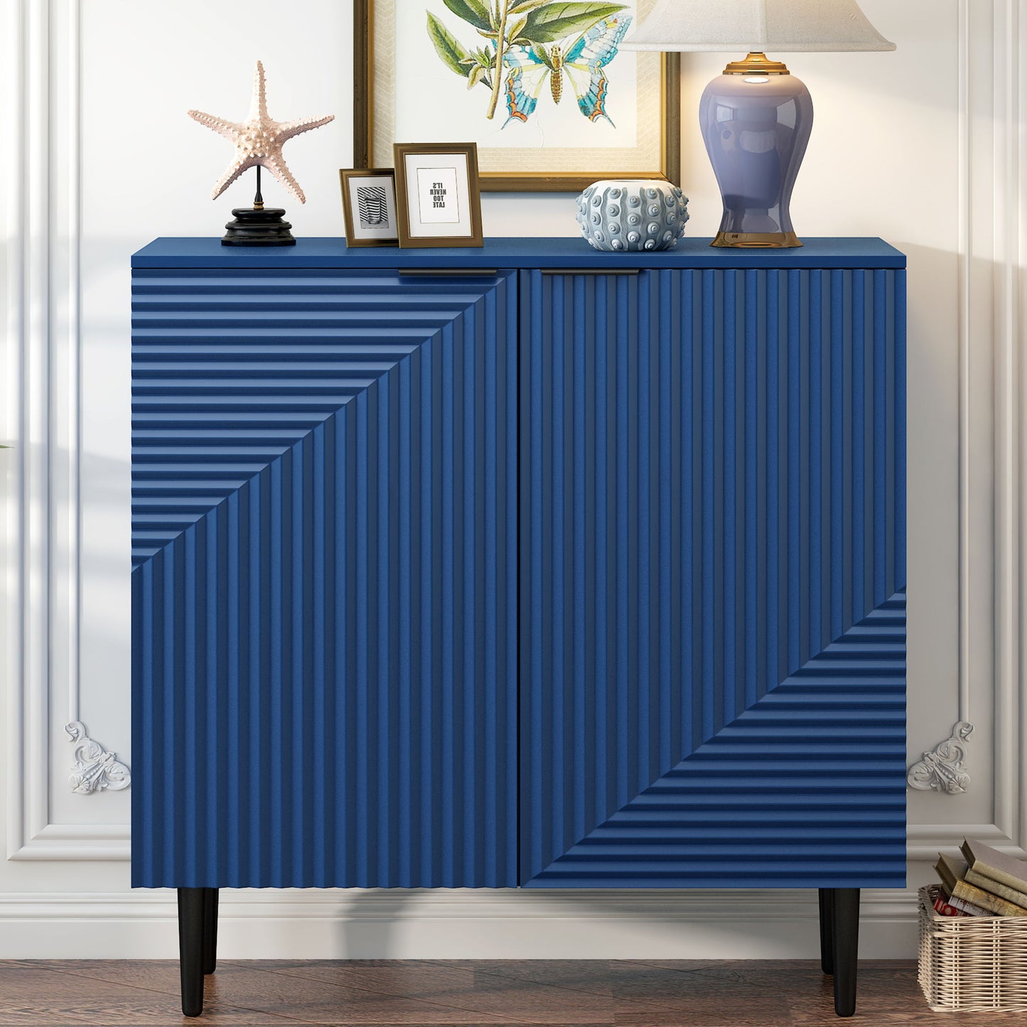 Side Cabinet With Adjustable Shelves And Geometric Door Panels - Navy Blue