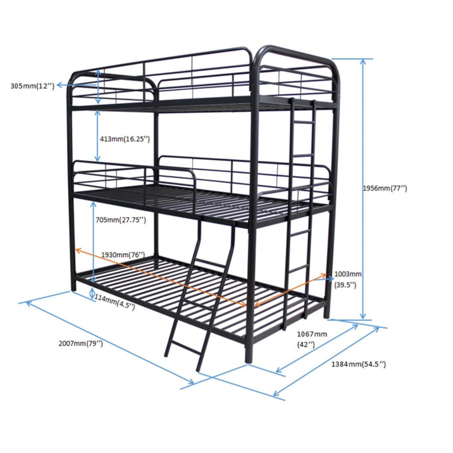 Triple Bunk Bed, Twin / Twin / Twin - Black