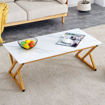 Modern Marble Pattern Coffee Table With Metal Legs, Sintered Stone Surface - White / Gold