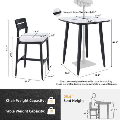 Modern Outdoor Patio Bar Set, Rounded Square Table & Bar Chairs, Non Rust Frame, Tapered Legs, Sunbrella Cushion