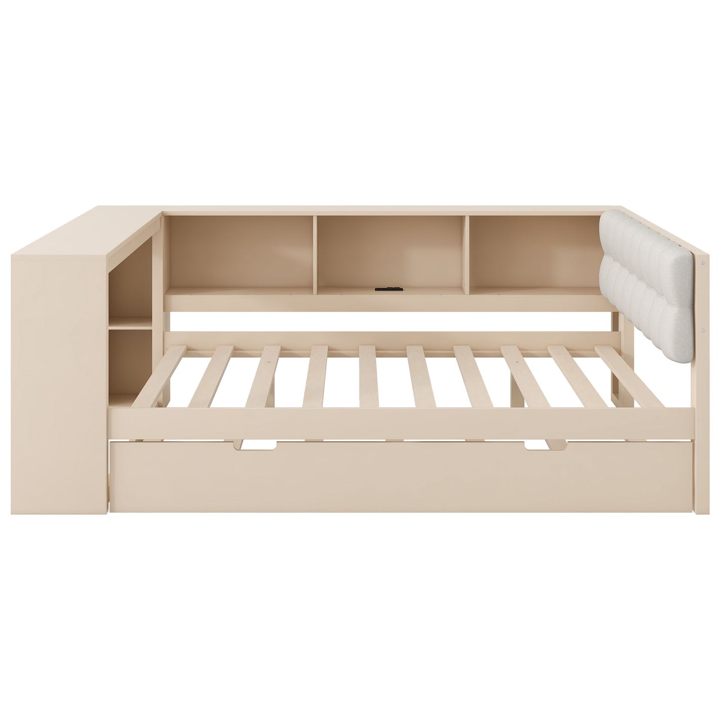 Upholstered Headboard Platform Bed With Storage Shelves, Trundle, Charging Station