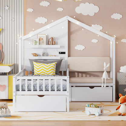 House Bed With Upholstered Sofa, Wireless Charging Station, Shelves And 2 Drawers