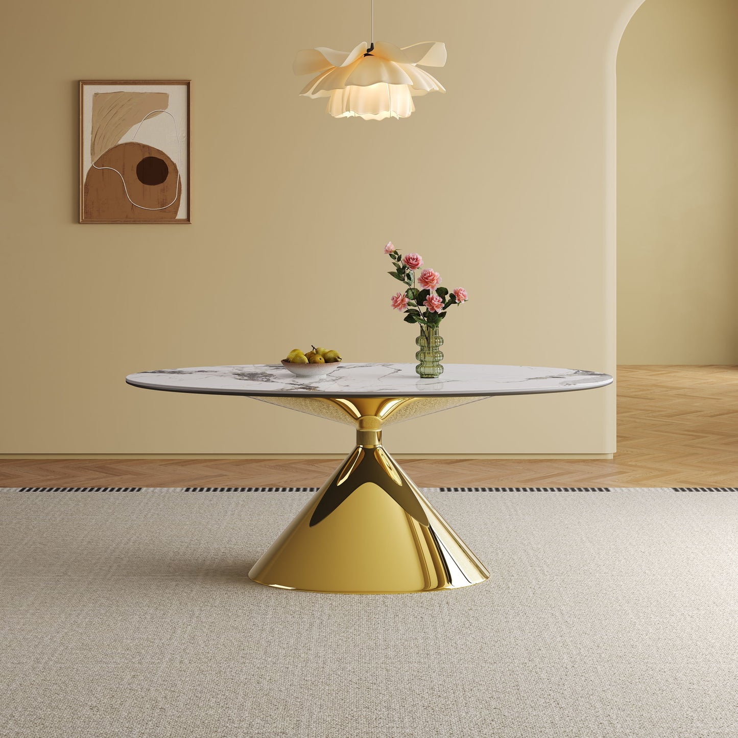 Modern Luxury Marble Dining Table Set Oval Kitchen Table With Stainless Steel Base - Gold / White Print