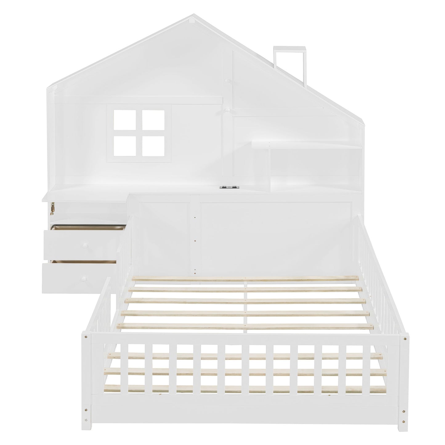 Full Size House Bed With Window And Bedside Drawers, Platform Bed With Shelves And A Set Of Sockets And USB Port - White