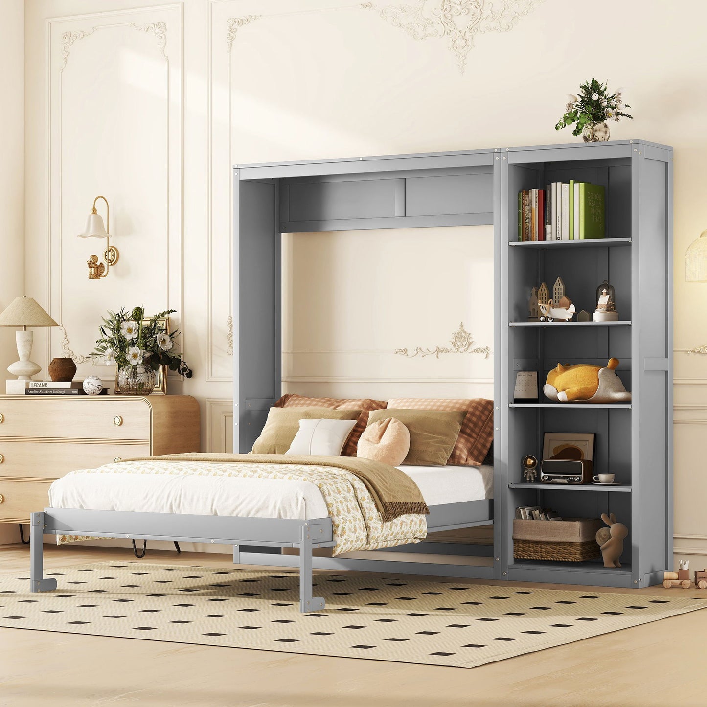 Queen Size Murphy Wall Bed With Shelves - Gray