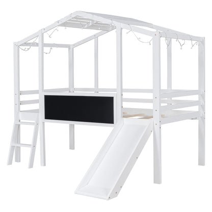 Loft House Bed With Ladder And Slide, With Blackboard And Light Strip On The Roof