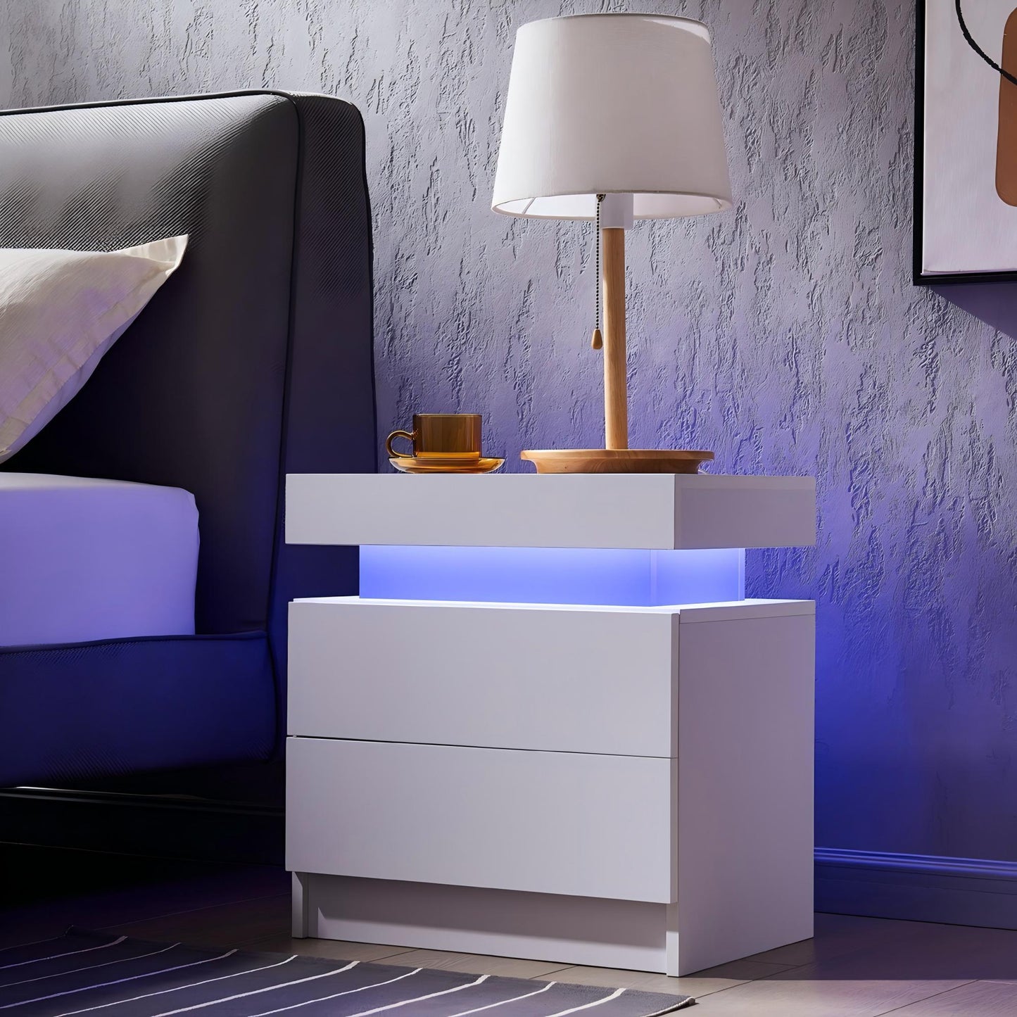 Modern LED Bedside Table Cabinet With Adjustable Lights And 2 Drawers - White