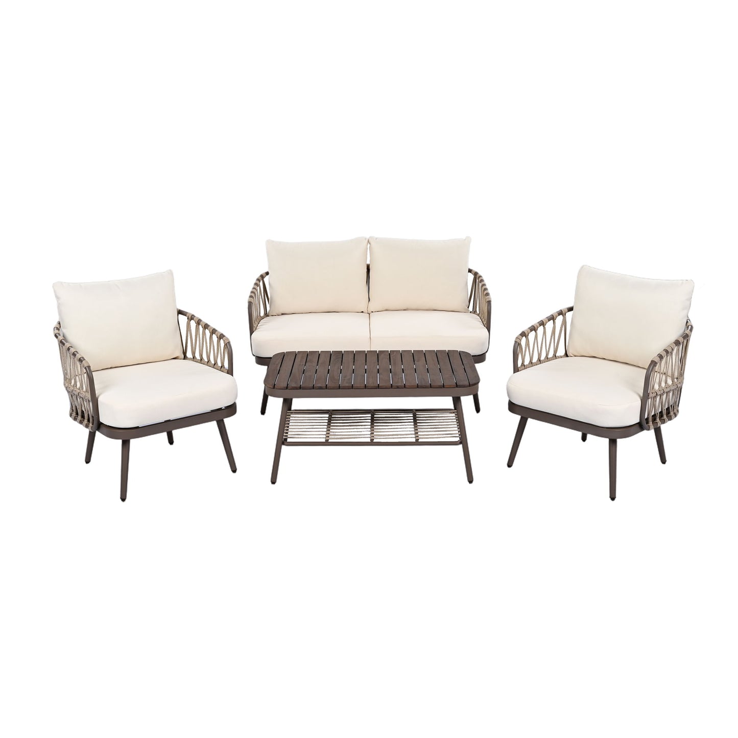 4 Piece Outdoor Patio Furniture Set, Metal Chairs With Woven Rope U Shaped Backrest