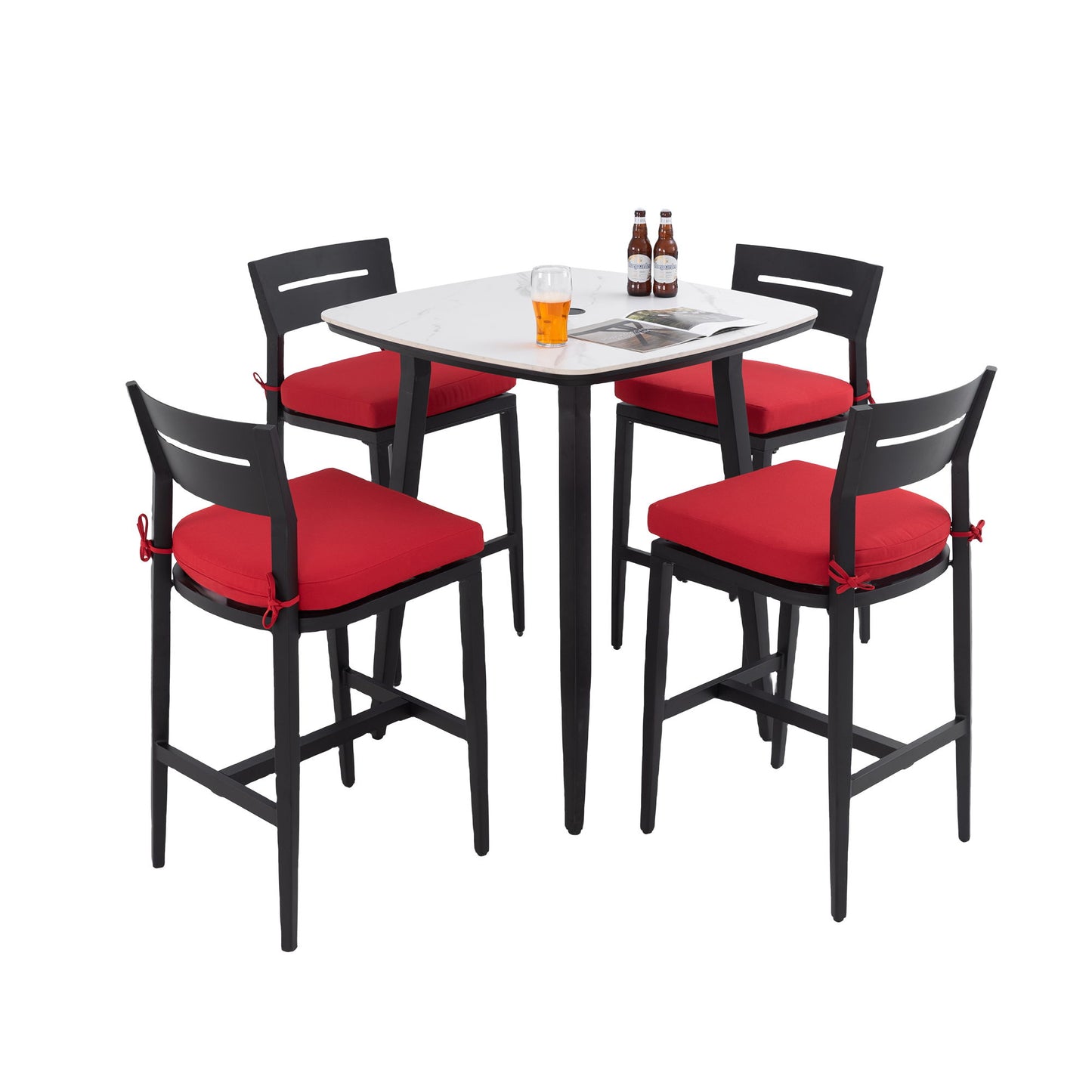 5 Pieces Outdoor Patio Bar Set, Rounded Square Table & 4 Aluminum Bar Stools