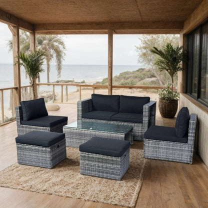 6 Piece Patio Wicker Sectional Set Patio Backyard Conversation Set Space Saving - Gray / Black
