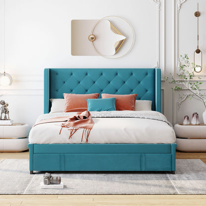 Queen Size Storage Upholstered Platform Bed With Wingback Headboard And A Big Drawer - Blue