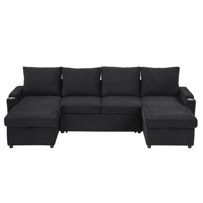 U Shaped Sectional Sofa Bed With Storage Chaise Lounges, USB Ports, And Cup Holders