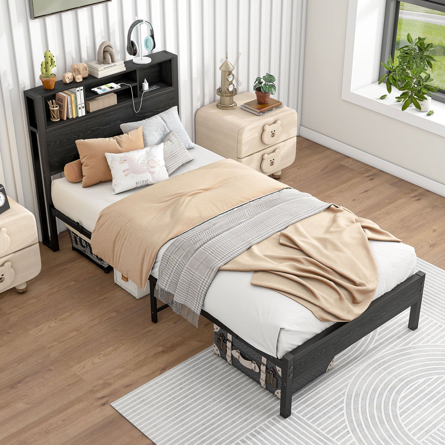 Modern Metal Platform Bed Frame With Storage Headboard And Charging Station