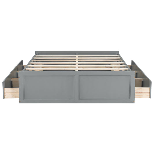 Queen Size Platform Bed Frame With 6 Drawers - Gray