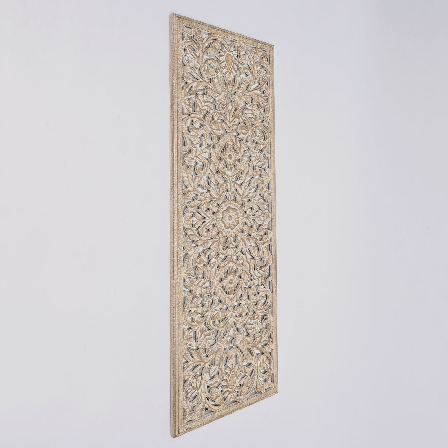 Floral Hand Carved Mandala Rectangle Wall Decor With Mirror - Antique Brown / White