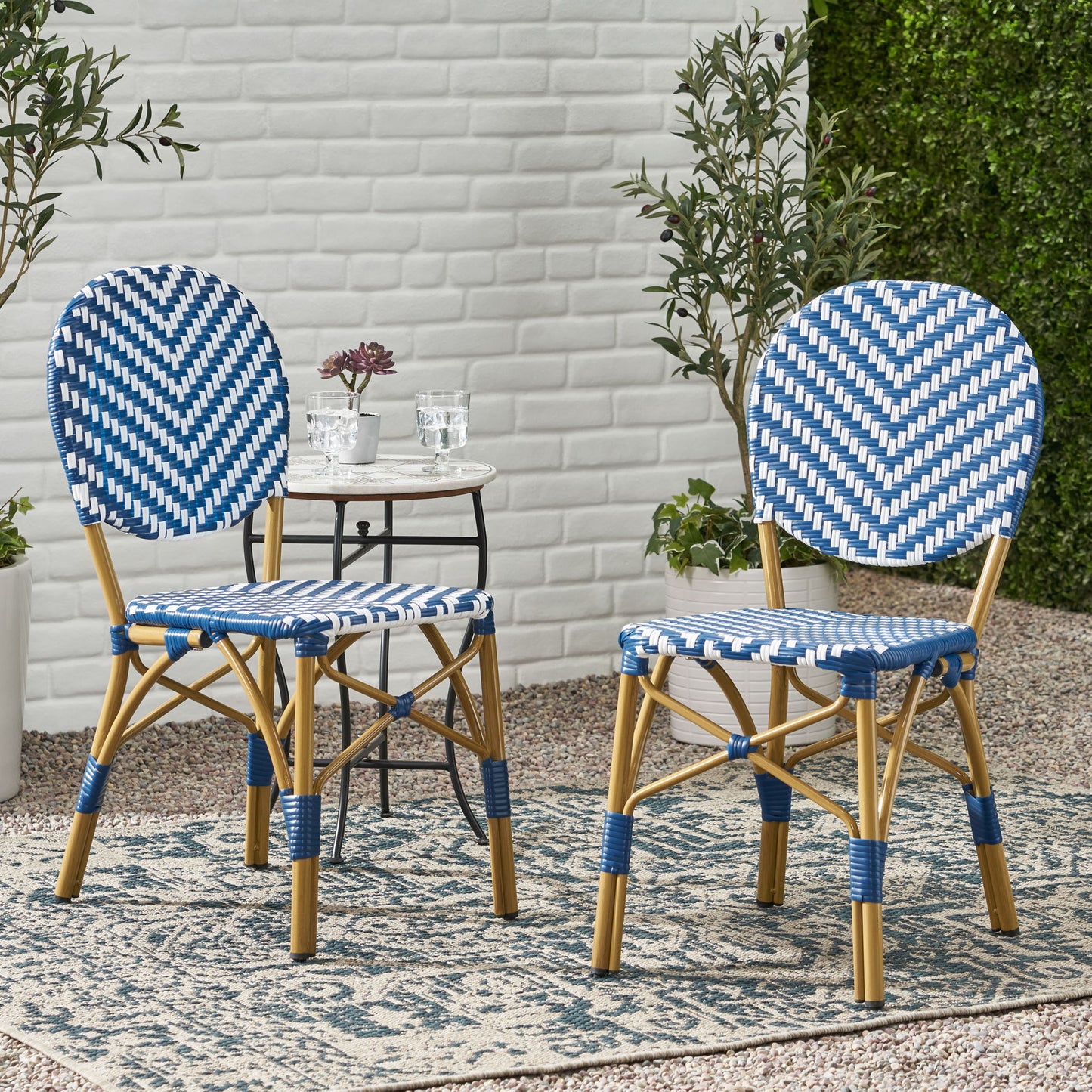 Outdoor Rattan And Aluminum French Armless Bistro Chairs Set - Navy Blue