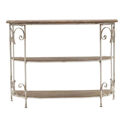 3 Tiered Wooden Shelving Unit With Ornate Iron Frame - Multicolor