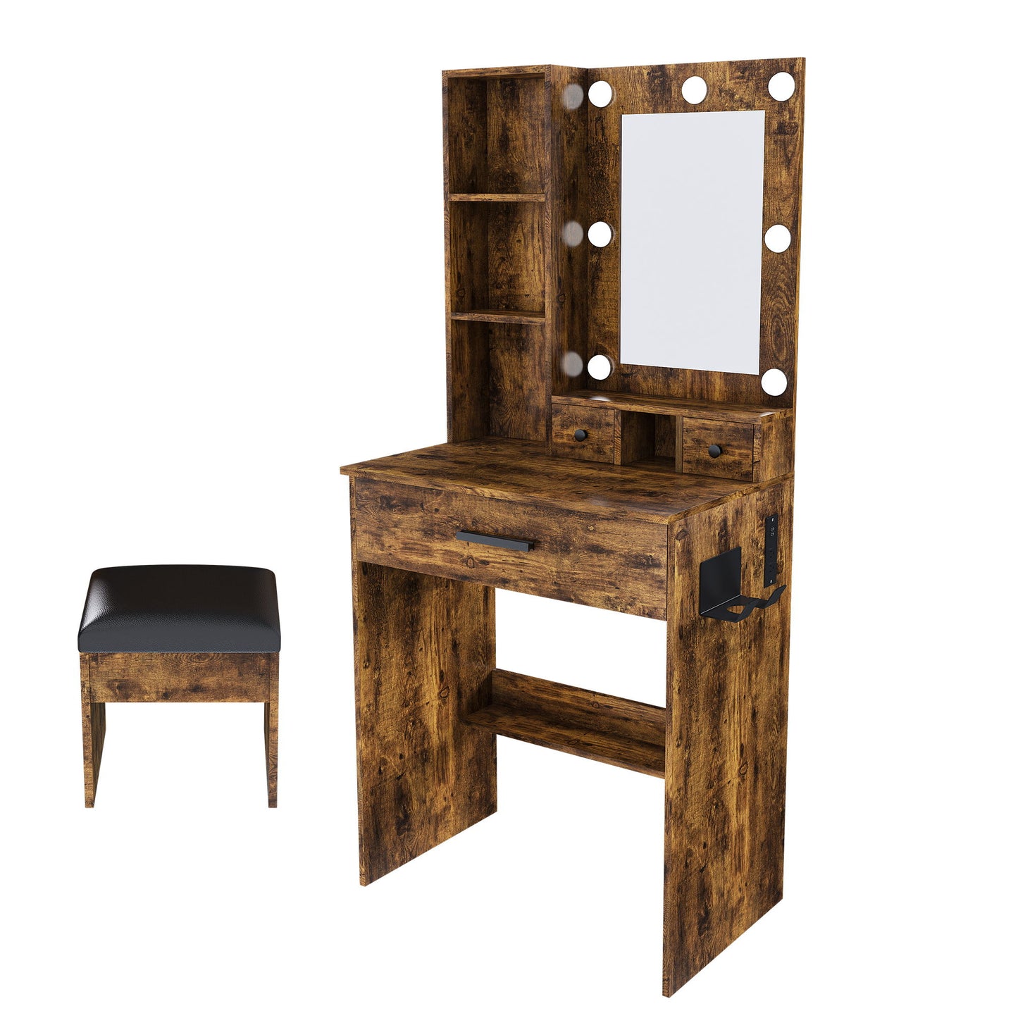 Vanity Table With Mirror, Adjustable LED Lights, Power Outlet, Hairdryer Holder & Stool