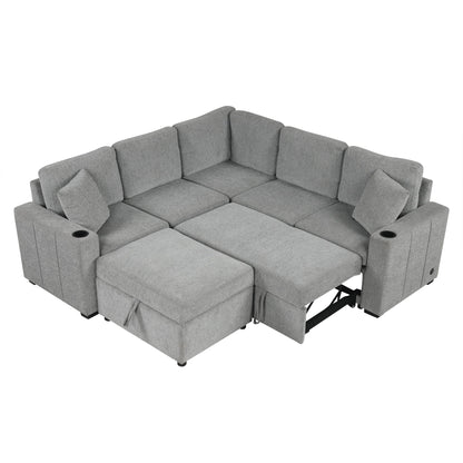 Sectional Sofa Convertible Pull-Out Sofa Bed With A Movable Storage Ottoman For Living Room
