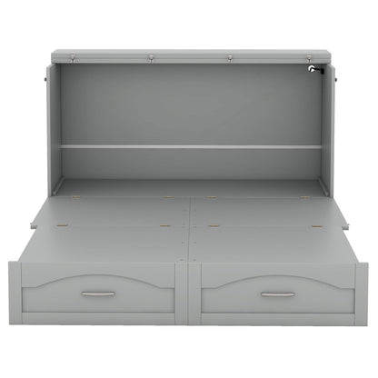 Queen Size Murphy Wall Bed With Drawer And A Set Of Sockets & USB Ports, Pulley Structure Design - Gray