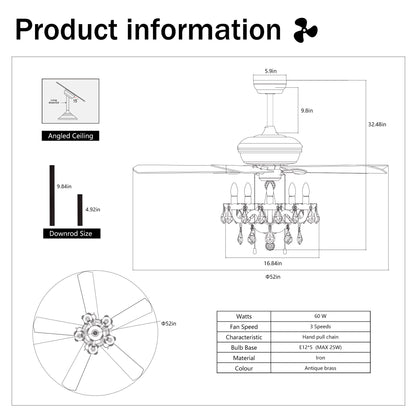 52" Crystal Shade Ceiling Fan Lamp, 3 Speed, 4 Timing, 5 Reversible Blades Crystal Ceiling Fan, 5 Pieces X E12 (No Include Bulb), Hand Pull Chain - Matte Black